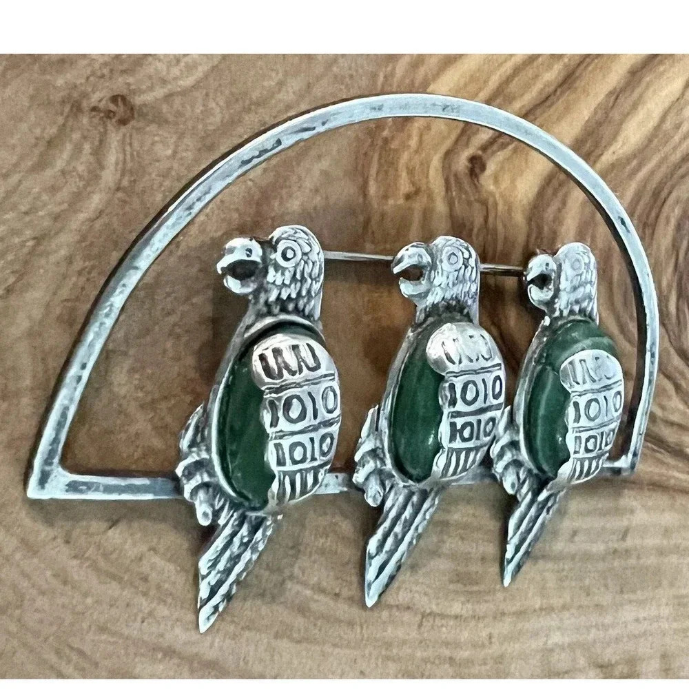 Vintage Plata Sterling Silver 925 and Malachite 3 Parrots On Perch Brooch